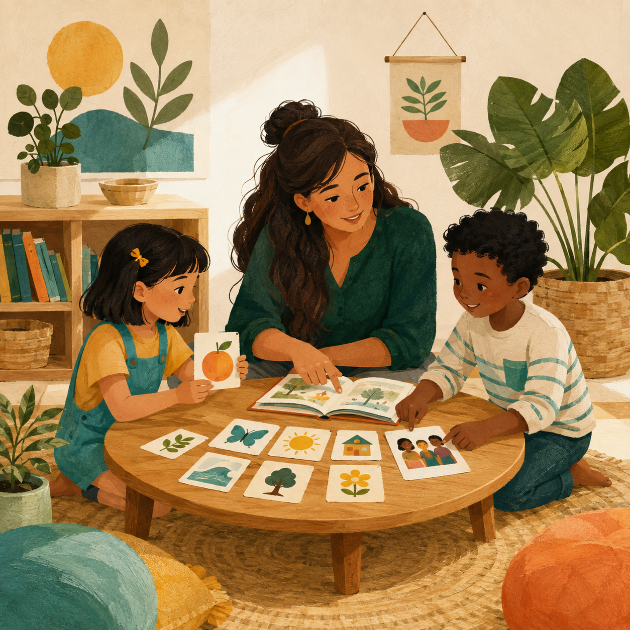 Ilustración de una adulta y dos niños compartiendo un libro y tarjetas visuales.